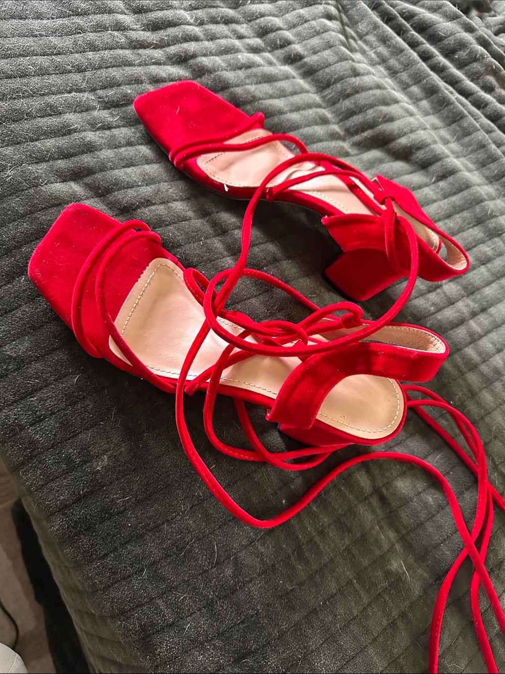 Red Lace-Up Block Heel Sandals